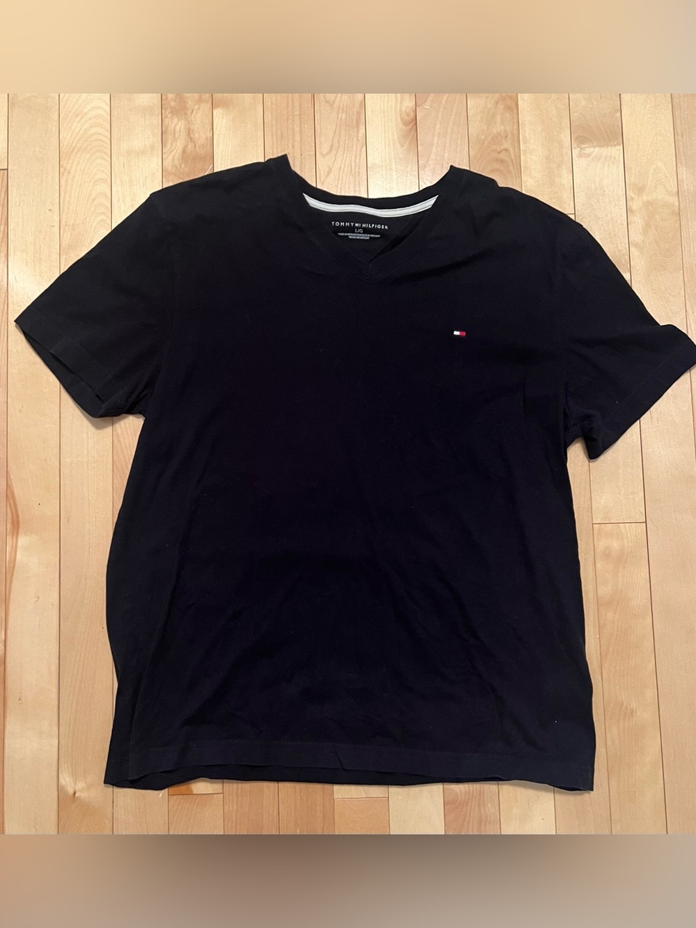 Tommy Hilfiger Black V-Neck Short Sleeve Tee with Flag Logo